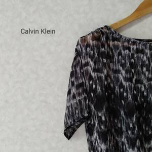 Calvin Klein カルバンクライン トップス シャツ ブラウス 絞り染め柄 シアー ラウンドネック 半袖 レディース サイズM ブラック SJJ131