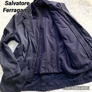 L サルヴァトーレ フェラガモ Salvatore Ferragamo テーラードジャケット ベスト ライナー スタンドカラー レザー切替 ネイビー 48