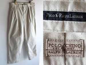 希少 90sビンテージ Polo Ralph Lauren ラルフローレン ANDREW PANT ロゴワッペン 2タック チノパンツ w35 ライトベージュ メキシコ製