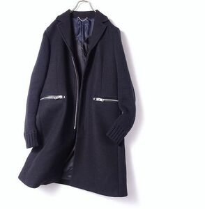 DIESEL ディーゼル ウール×ニット 切替 デザイン ジップ チェスターコート ロング ジャケット ブラック メンズ (M) 黒 ●o-717