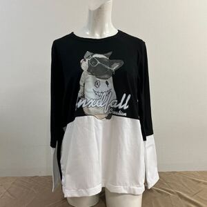 ハンドメイド*ロンT 重ね着風わんこ長袖コットンTシャツ　犬　黒白系　　フリーサイズ