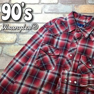 ★90’s USA古着★良品＆正規品★【Wrangler ラングラー】チェック柄 長袖 正統派 ウエスタンシャツ【メンズ M】赤 ターコイズ 黒 LA1-084