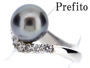 BJ3530【BSJBJ】Prefito プレフィート Pt900 黒蝶真珠10.50mm ダイヤモンド 0.43ct パールリング プラチナ 11号 本物