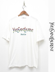 D421/ヴィンテージ 90s yves saint laurent 半袖Tシャツ ロゴ クルーネック コットン L 白