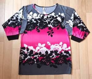 未使用 5分袖 花柄トップス Gray×Pink SIZE:Free