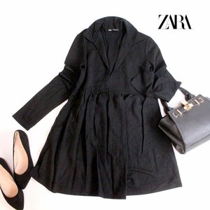 美品 ZARA ザラ ■ 春 ジャージ― 襟あり ティアードワンピース シャツワンピース 膝上丈 可愛い S ブラック 黒 ほんのり艶 ふんわり