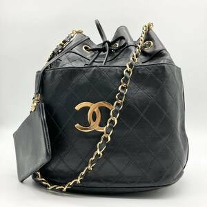 希少 美品 CHANEL シャネル ビコローレ デカココマーク マトラッセ 巾着 チェーンショルダーバッグ ラムスキン レザー ブラック 黒