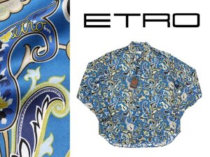 11万新品◆40=L◆【ETRO】エトロ◆イタリア製 エスニックボタニカルペイズリーモチーフ コットンシャツ 青マルチカラー 1円