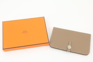 HERMES エルメス ドゴンGM 二つ折り 長財布 ウォレット 財布 □K刻印 レザー グレー グレージュ 系 小物 3003-Y