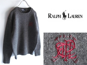 希少 ビンテージ Polo by RALPH LAUREN ポロ ラルフローレン ロゴ刺繍 ウール ローゲージニット セーター M グレー ナイガイ 国内正規品