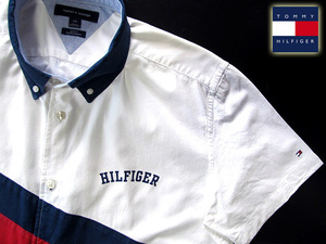 ★美品 トミーヒルフィガー TOMMY HILFIGER ボタンダウンシャツ・クレリック 半袖 Lサイズ 希少品 トミーデザイン ネイビー×レッド