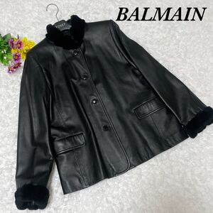 未使用級☆BALMAINバルマン ラムレザージャケット コート 羊革 ファー 黒 11号 Lブラック 大きいサイズ