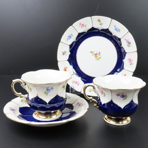 97019★1円スタート★Meissen マイセン 極美品 Bフォーム 宮廷の小花 カップ＆ソーサー プレート 19cm セット 食器 陶器 皿 ネイビー