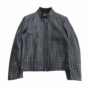 美品 ヒューゴボス HUGO BOSS キルティング ラムレザー ライダース ジャケット ブルゾン シングル 羊革 46 黒 ブラック メンズ