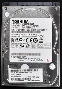 (送料無料) TOSHIBA MQ01ABD064 [640GB 5,400rpm 2.5インチ 9.5mm SATA HDD 2012年製 使用時間 3180H (Cristal DiscInfo 正常) (T200-01