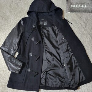 【美品/L相当】DIESEL ディーゼル ダッフルコート レザー 切替 ジャケット ウール カウハイド 牛革 本革 ロゴプレート メンズ アウター 黒