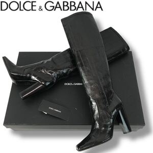 u112 定価16万円 新品未使用 DOLCE&GABBANA ドルチェ&ガッバーナ レザー ロングブーツ スクエアトゥ BLACK 37 イタリア製 正規品