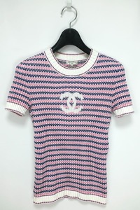 CHANEL シャネル ボーダー ニット ウィメンズ Tシャツ フロントロゴブルー ピンク ホワイト 34サイズ P63025K 48838