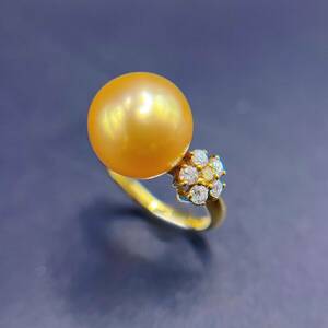 Pearl Ring パール リング【日曜日 夜終了】天然 真珠 大珠 11.8㎜ ダイヤモンド 0.3ct K18 金 GOLDEN South Sea Pearl Saltwater Pearl