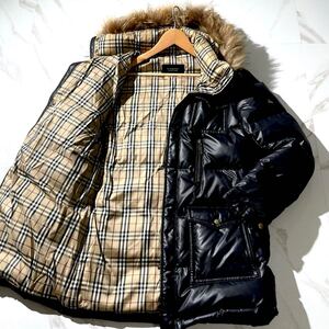 極美品/XL相当●バーバリーブラックレーベル【2way シルバーフォックス ノバチェック】ダウンジャケット コート BURBERRY BLACK LABEL 黒