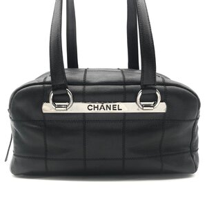 1円 良品 CHANEL シャネル キャビアスキン チョコバー ロゴ金具 ハンド ボーリング バッグ ブラック a6468