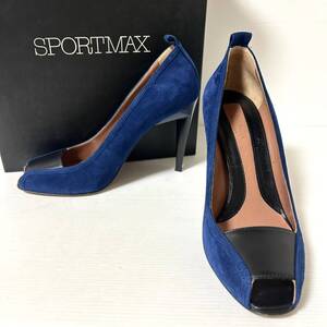 【BOX付】SPORTMAX スポーツマックス　スエードパンプス ヒールパンプス オープントゥ ヒール10.4cm 38 24cm ブルー　＊34