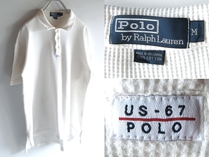 希少 90s-00sビンテージ Polo by Ralph Lauren ラルフローレン US-67 POLOロゴワッペン ワッフル サーマル ポロシャツ M ホワイト 白 綿