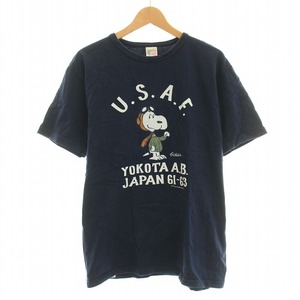 バズリクソンズ BUZZ RICKSON’S PEANUTS YOKOTA A.B. Tシャツ カットソー スヌーピー 半袖 クルーネック ロゴ プリント XL 紺 BR77097