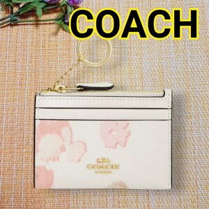 ◆COACH コーチ ミニ スキニー ID ケース・フローラル プリント パスケース レザー 定期入れ ピンク