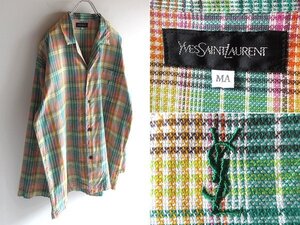 Yves Saint Laurent イヴサンローラン YSLロゴ刺繍 コットン チェック柄 ボックスシルエット オープンカラーシャツ MA 高配色 日本製