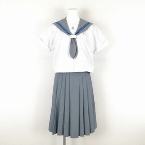 1円 セーラー服 スカート 上下2点セット 150 トンボ 夏物 青3本線 女子 学生服 鹿児島喜入中学 白 制服 中古 ランクC NA6930