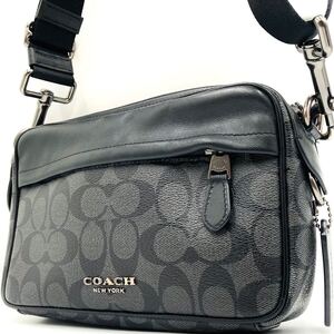 極美品●COACH コーチ ショルダーバッグ ボディバッグ レザー PVC ブラック シグネチャー メンズ ビジネス F50715