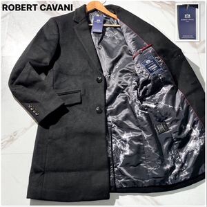 新品タグ付高級カシミヤ100%【ROBERT CAVANI】チェスターコート ロングコート 裏地総柄 黒 ブラック 48 L相当 ロベルトカバーニ メンズ