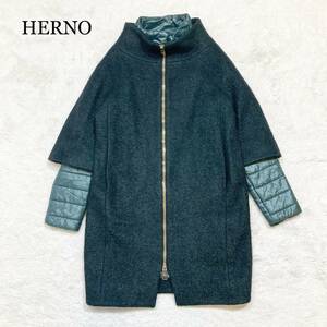 【極美品】HERNO ヘルノ 切替 ダウンコート ウール ダークグリーン 40