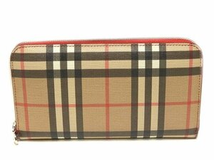 美品 BURBERRY バーバリー ラウンドファスナー 長財布 ☆ ベージュ系 チェック PVC × レッド レディース シルバー金具 ▼ 6G