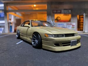 アオシマ S13シルビア 改 完成品 ドア開閉ギミック式に変更改造！レア車　社外エアロ取替車(^^)