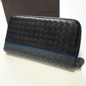 ★BOTTEGA VENETA ボッテガ ヴェネタ イントレ ラウンドファスナー 長財布 メンズ 男性 ブラック グレー ブルー【鑑定済み 本物保証】