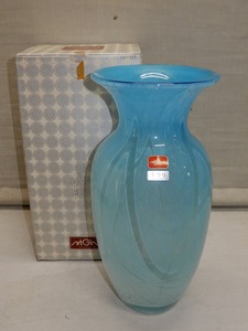 ●手作り IWATSU GLASS アートグラス フラワーベース 花器 水色 花入 花生け 花瓶 ガラス 岩津硝子 レトロ 摺りガラス●ターコイズ色