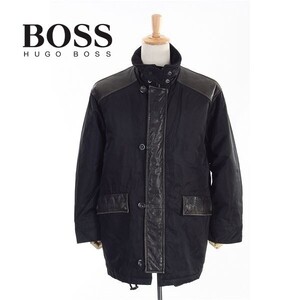 A5050/秋冬 HUGO BOSS ヒューゴボス ナイロン ラムレザー使い ジップアップ 中綿 ミリタリー ワーク 膝丈 ステンカラーコート 46 黒/メンズ