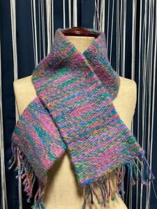 ハンドメイド 手織り ウール100％ マルチカラー マフラー handmade woolen handwoven scarve shawl multi color purple blue pink