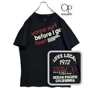 ★両面BIG刺繍ロゴ★ Op Ocean Pacific 半袖Tシャツ L 黒 サーフ 「wanna surf town」オーシャンパシフィック 洗濯 プレス済み USED sn106