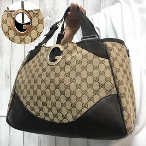 超美品/A4●グッチ GUCCI トートバッグ ハンドバッグ メンズ ビジネス 大容量 書類かばん GGキャンバス G金具 レザー 本革 ブラウン 総柄