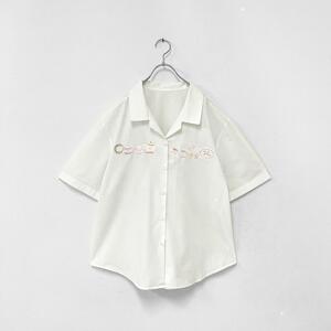 ヴィンテージ レトロ ポット カップ 刺繍 オープンカラー ワイド 半袖 シャツ 白 L