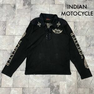Indian Motocycle インディアンモーターサイクル ロンT 長袖 ハーフ ヒモ シャツ 刺繍ロゴ バイカー ブラック サイズS 玉SS1640
