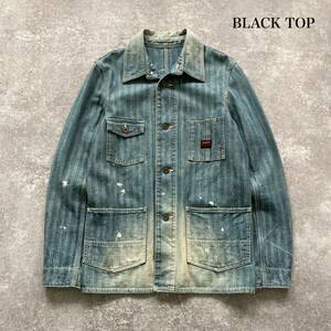 【BLACKTOP MOTORCYCLE /ブラックトップモータサイクル】ヘリンボーン デニムカバーオール ジャケット ユーズド加工 ボーン刺繍 (M)