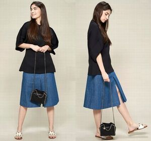 定価48,400円 seya. セヤ TOFU SKIRT SUMMER DENIM ボックスプリーツ デニム スカート GREEN INDIGO S