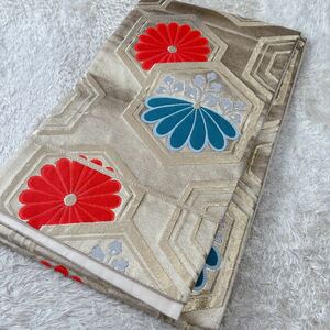 【ルネートル】帯 亀甲に華 紋 菊 金 刺繍 結婚式 成人式 豪華 華やか 長さ 420cm 着物 和装小物 ★同梱可★ 01291