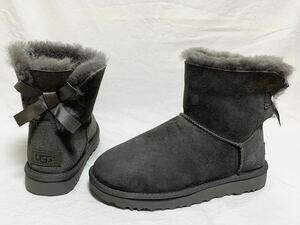 未使用 アグ オーストラリア UGG australia ムートン レザー シープスキン リボン ショート ブーツ USA6 23㎝ レディース シューズ グレー