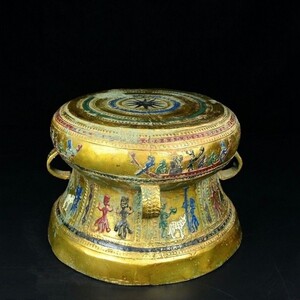 中国銅器 戦漢青銅 金絵彩イ族太鼓 高さ15cm 幅22cm 重さ約2500g 旧家蔵出 古玩