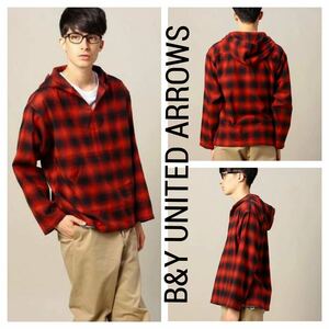 B&Y UNITED ARROWS■オンブレチェック メキシカンパーカー シャツ フリー 赤 ブラック ビューティー&ユース BEAUTY&YOUTH 定価14300円